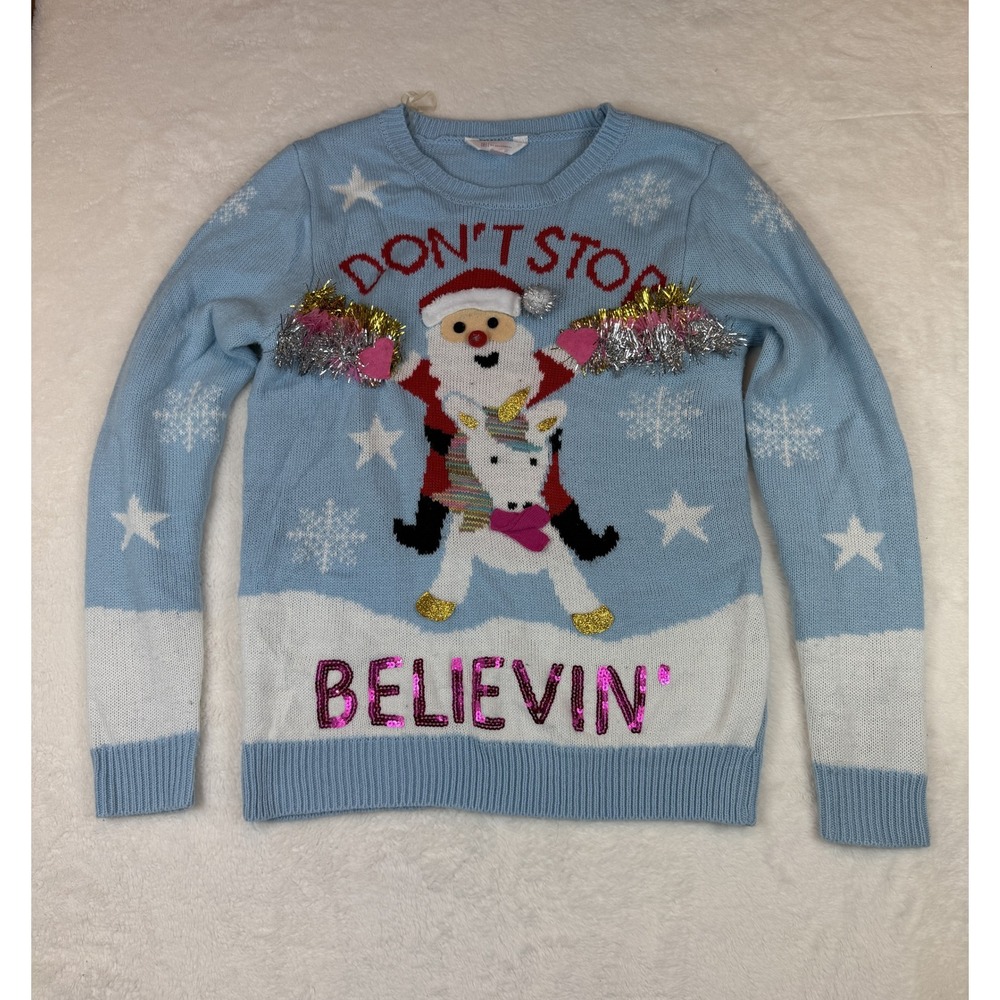 No Boundaries Santa Unicorn Ugly Christmas Sweater Blue Juniors M Believin